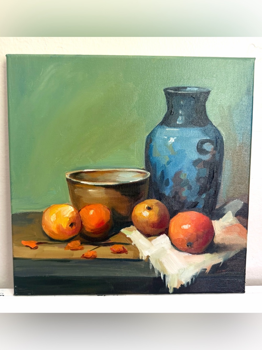 12x12 Original Oil Painting – Still Life with Blue Vase & Fruit